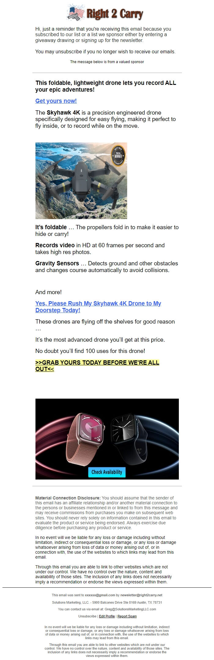 Screenshot of the email generated on import