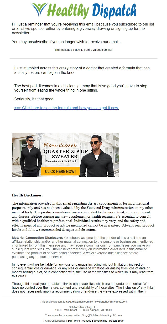 Screenshot of the email generated on import