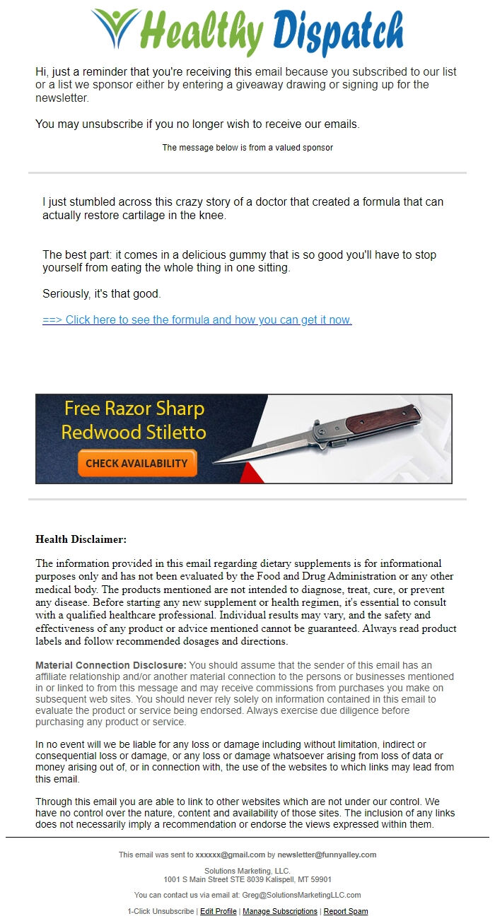 Screenshot of the email generated on import