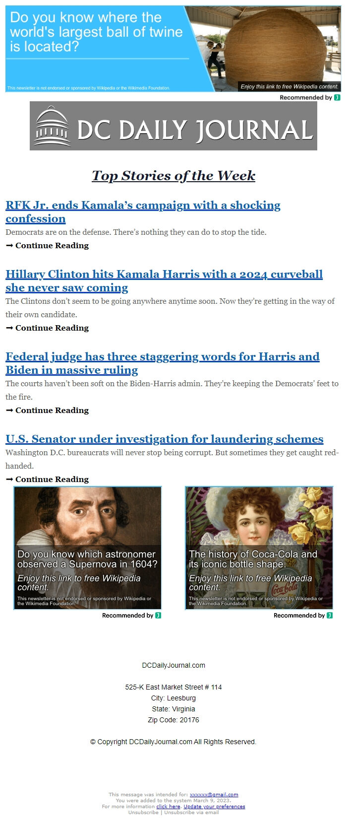 Screenshot of the email generated on import