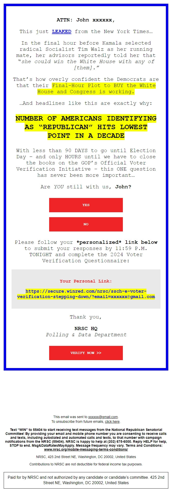 Screenshot of the email generated on import