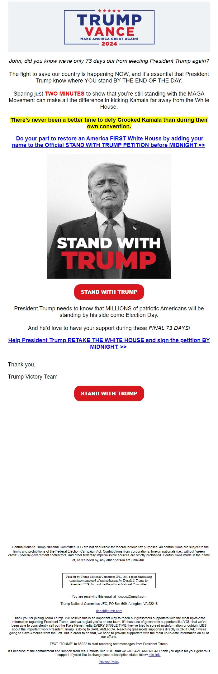 Screenshot of the email generated on import