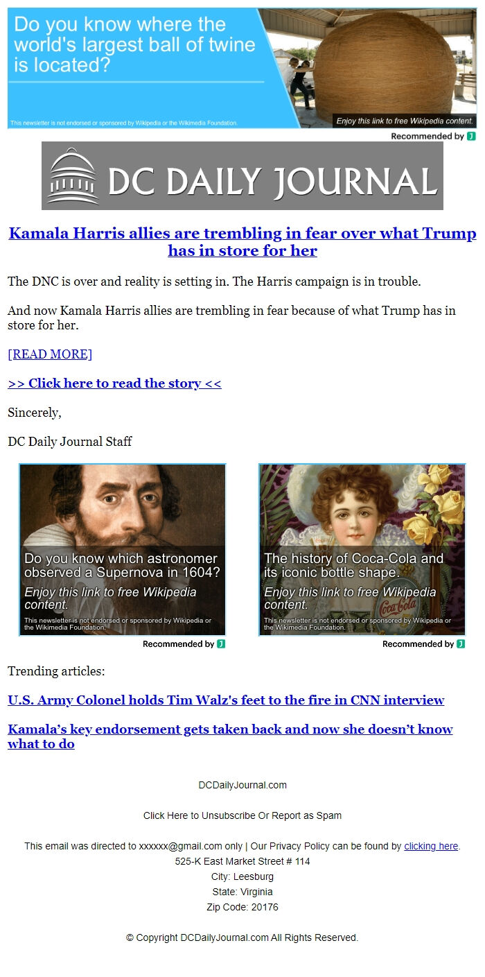 Screenshot of the email generated on import