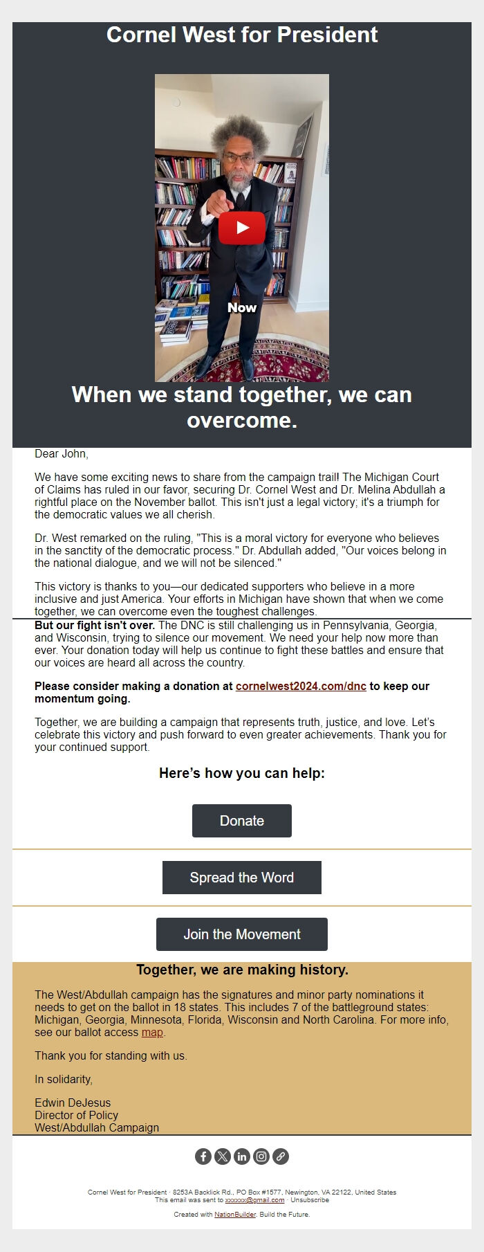 Screenshot of the email generated on import