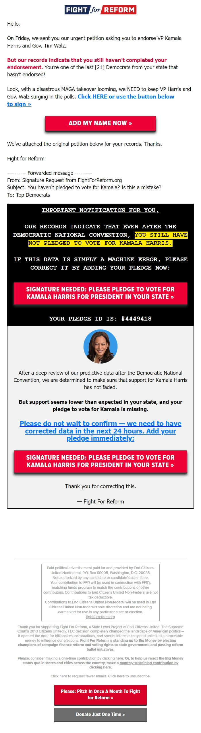 Screenshot of the email generated on import