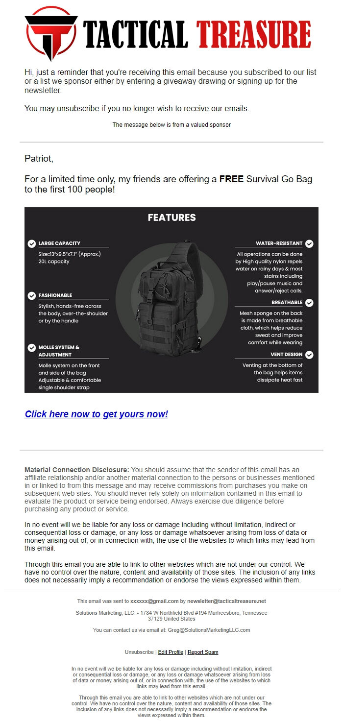 Screenshot of the email generated on import