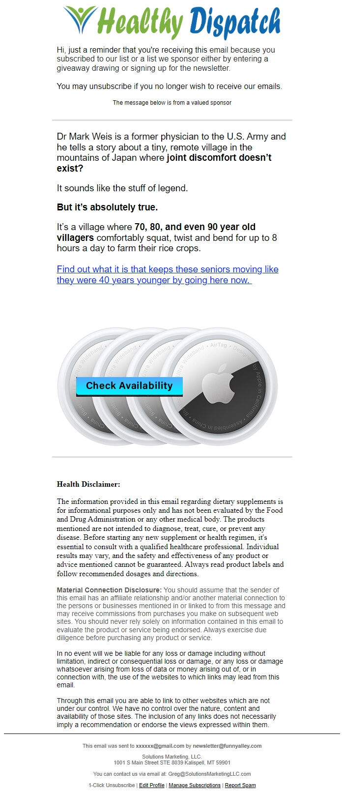 Screenshot of the email generated on import