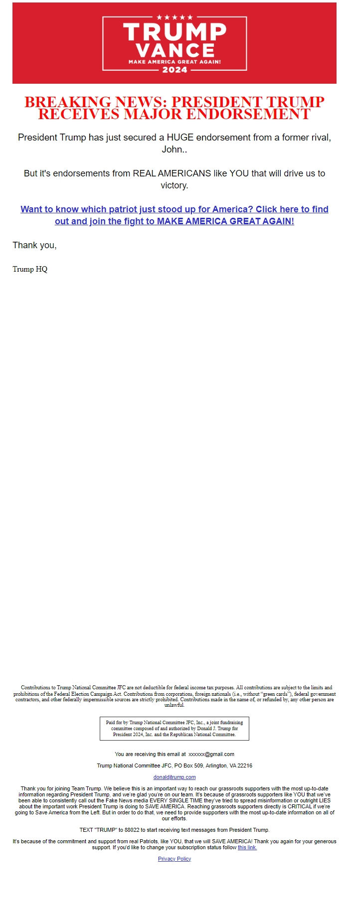 Screenshot of the email generated on import