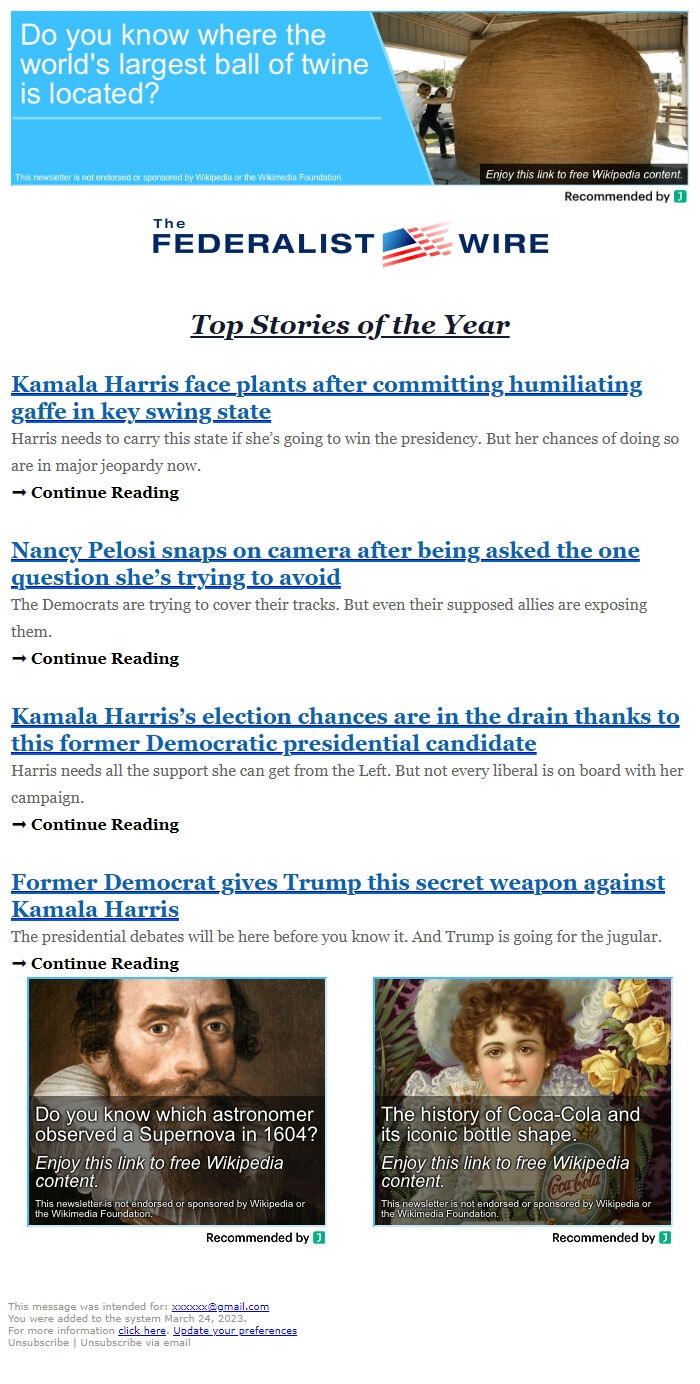 Screenshot of the email generated on import