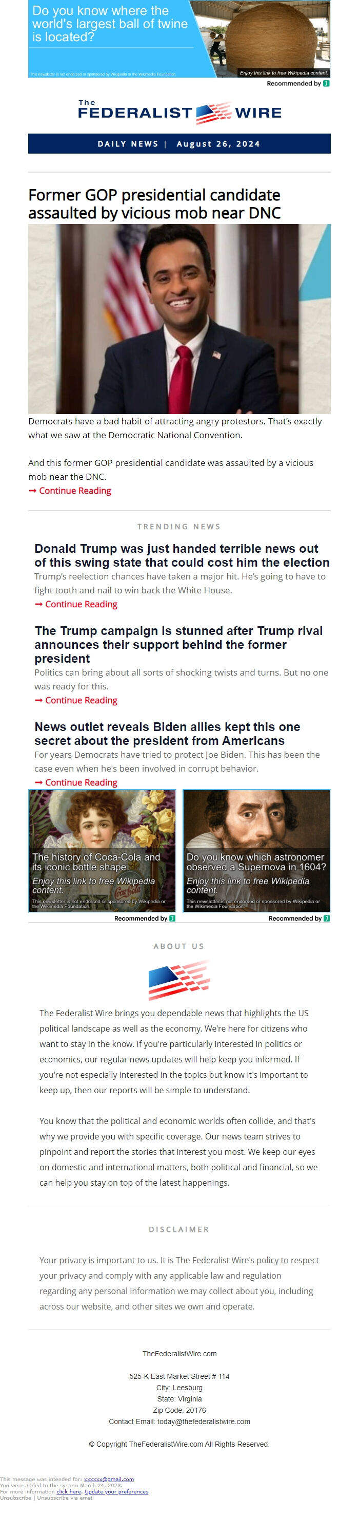 Screenshot of the email generated on import