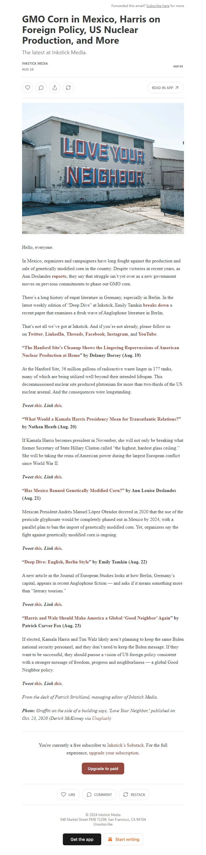 Screenshot of the email generated on import