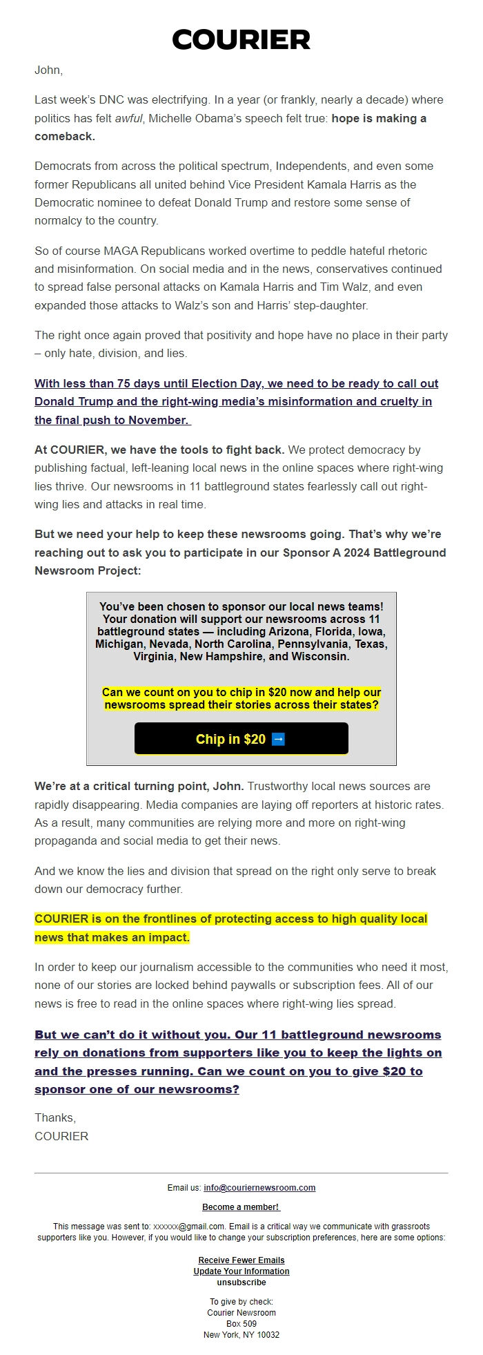 Screenshot of the email generated on import