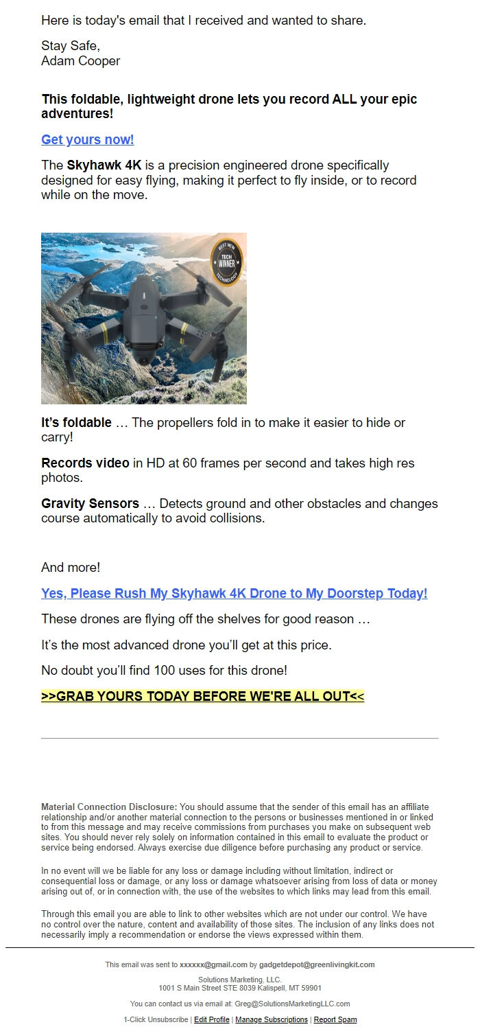 Screenshot of the email generated on import