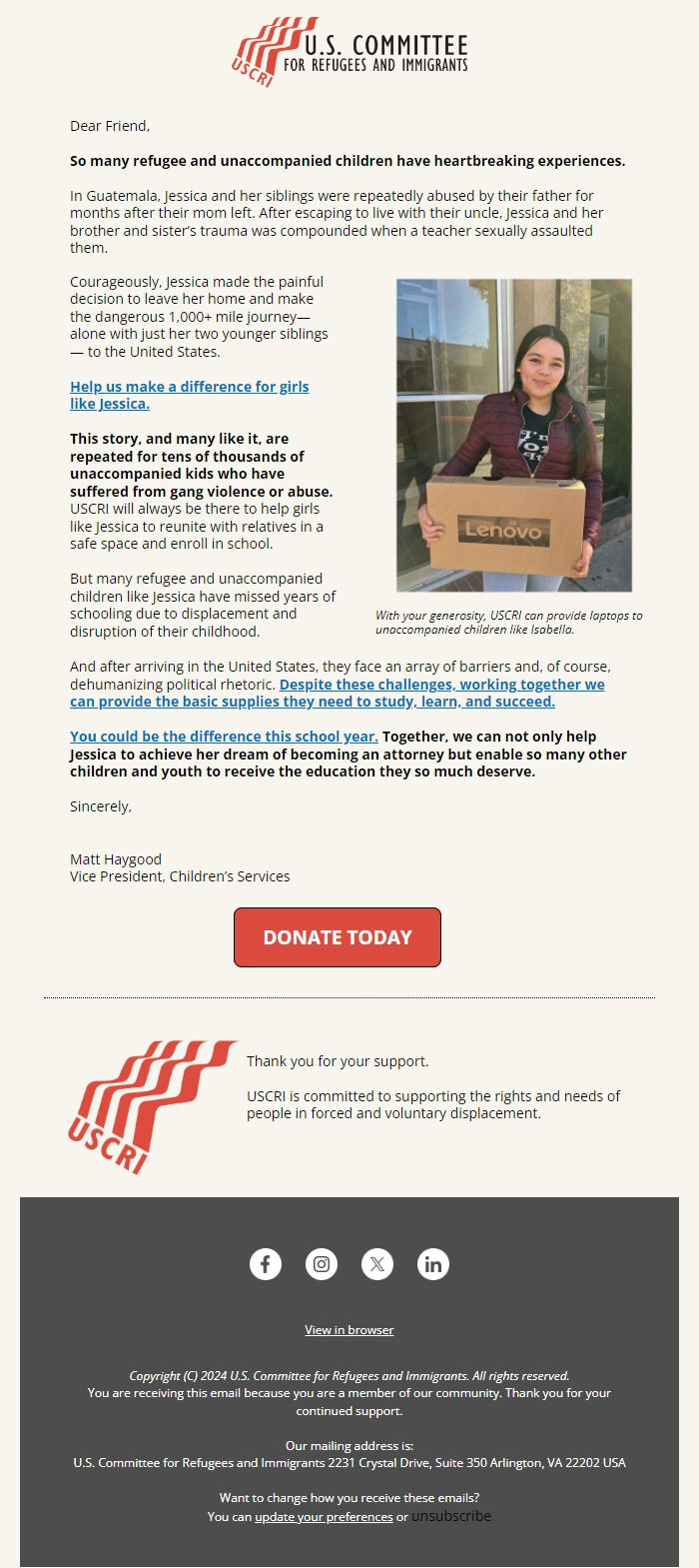 Screenshot of the email generated on import