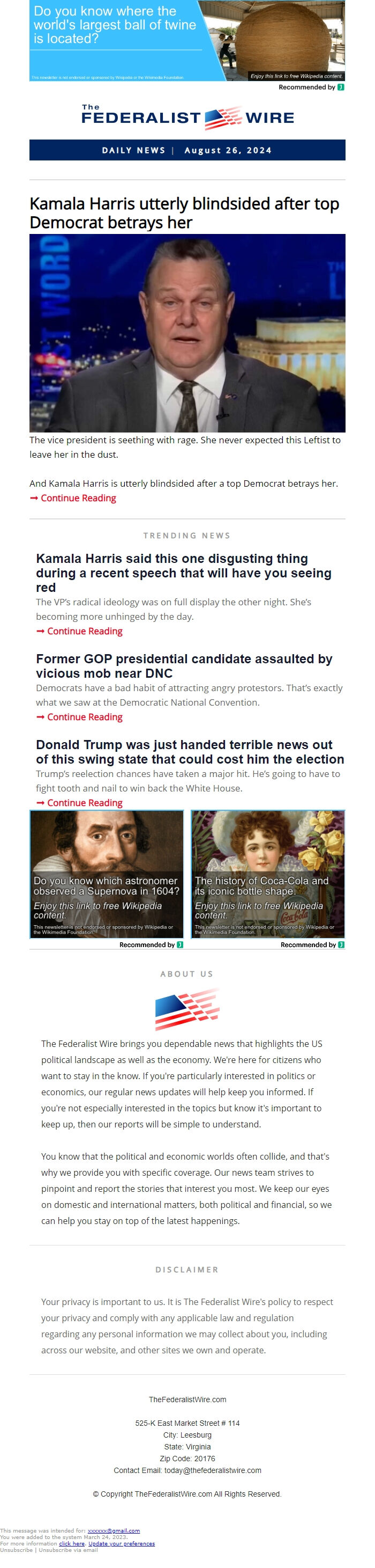 Screenshot of the email generated on import