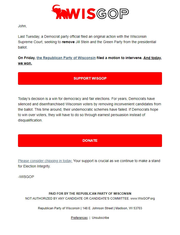 Screenshot of the email generated on import