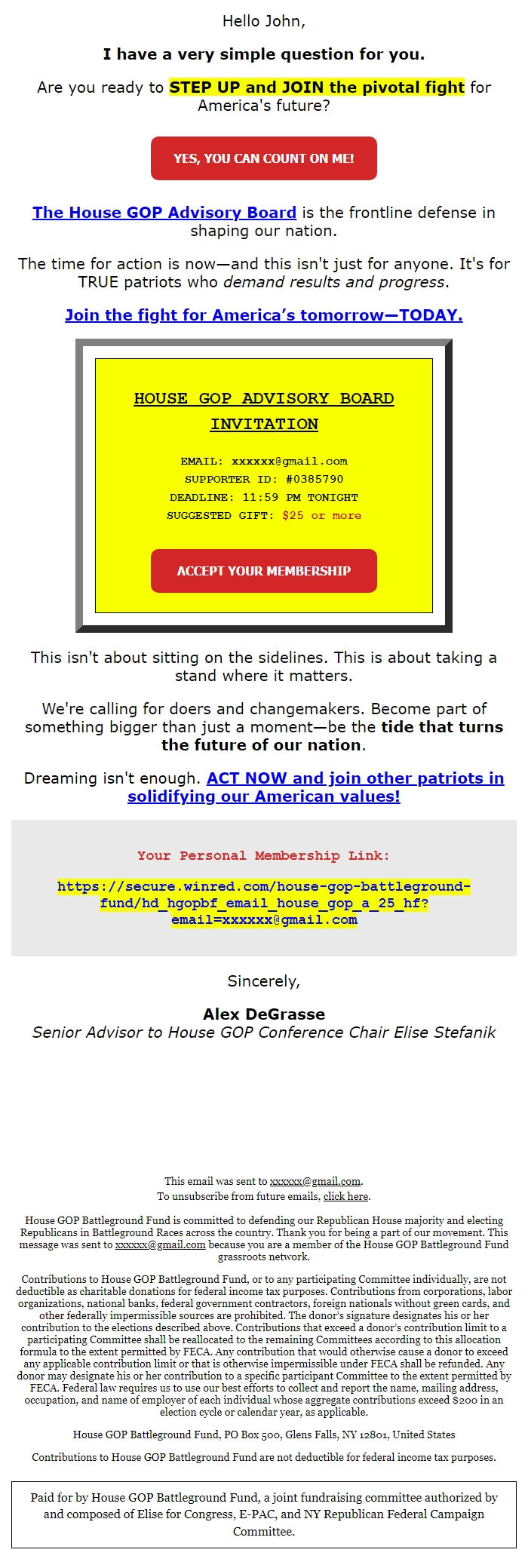 Screenshot of the email generated on import