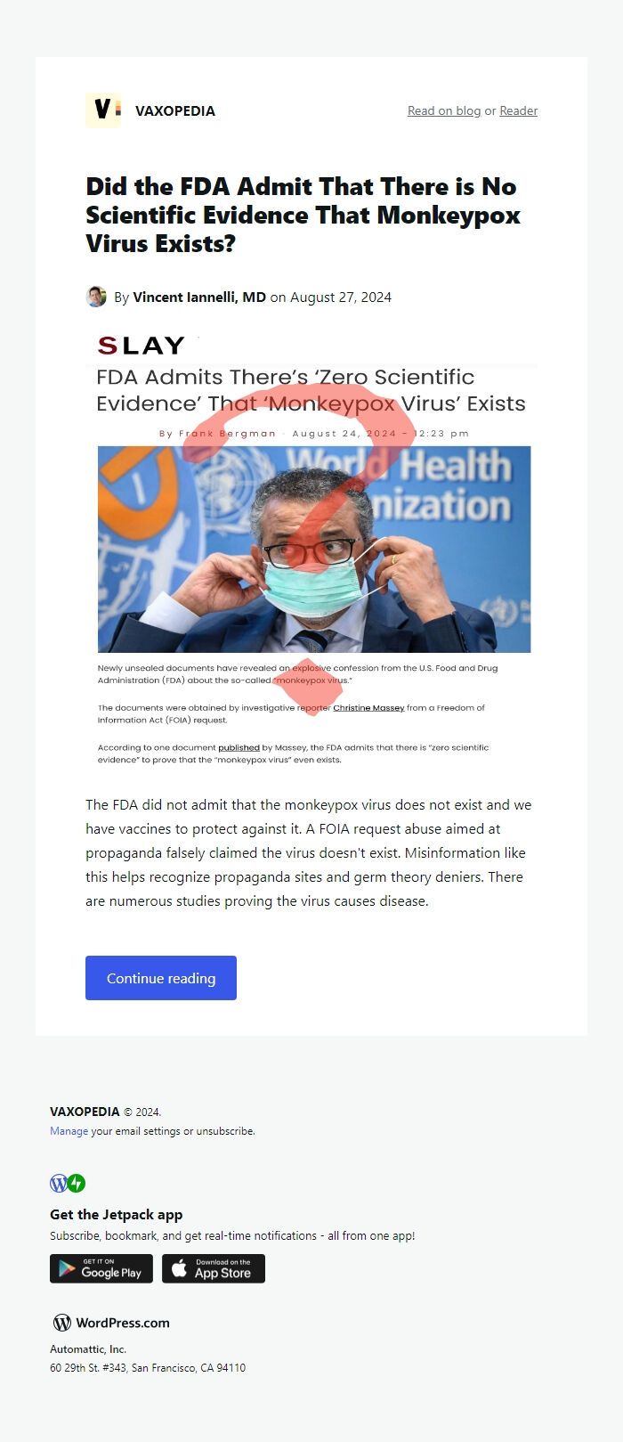 Screenshot of the email generated on import