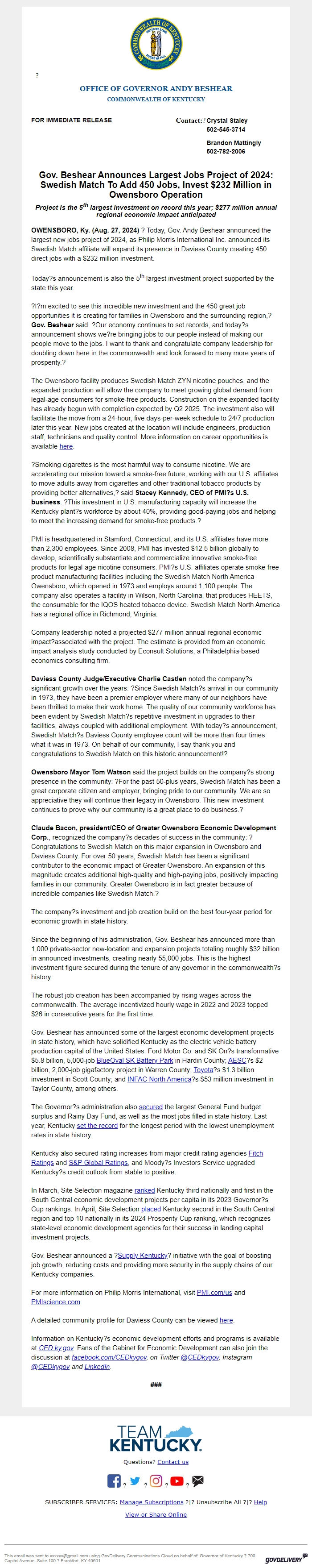 Screenshot of the email generated on import