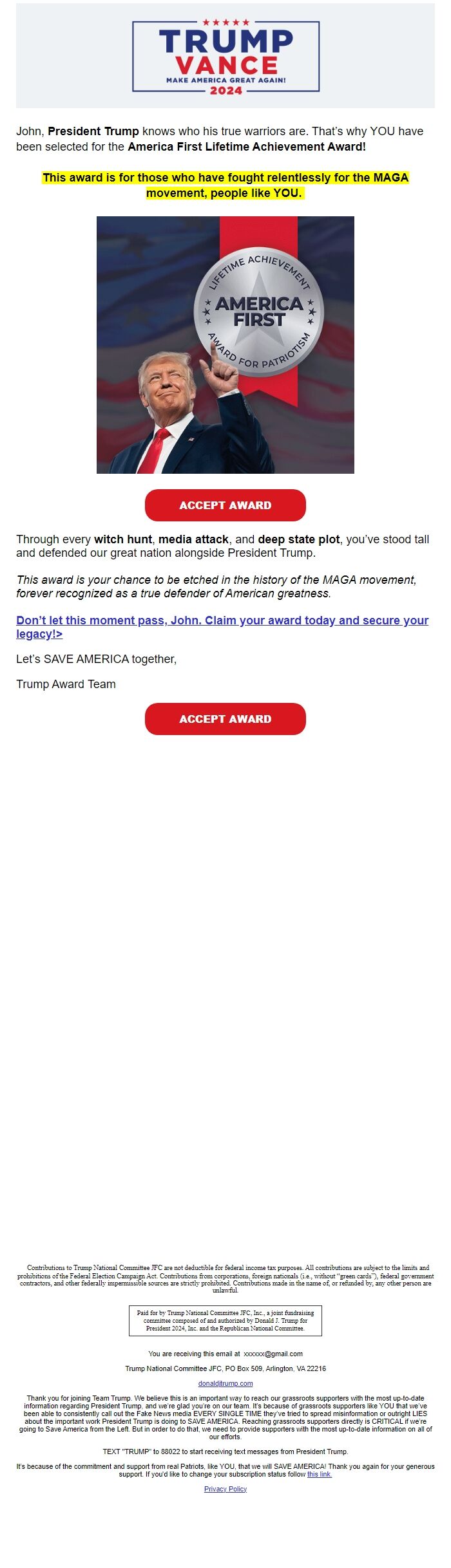 Screenshot of the email generated on import