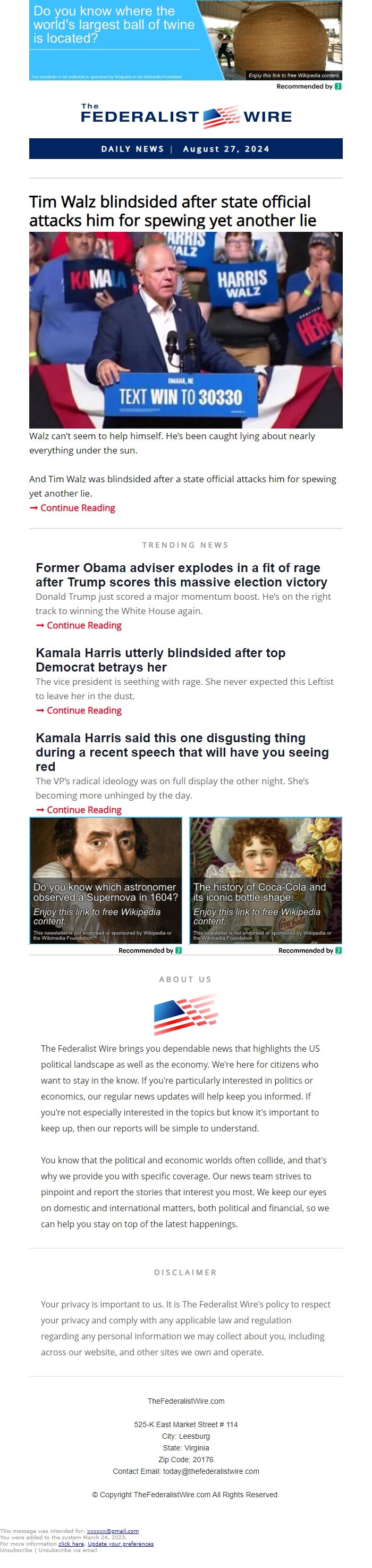 Screenshot of the email generated on import