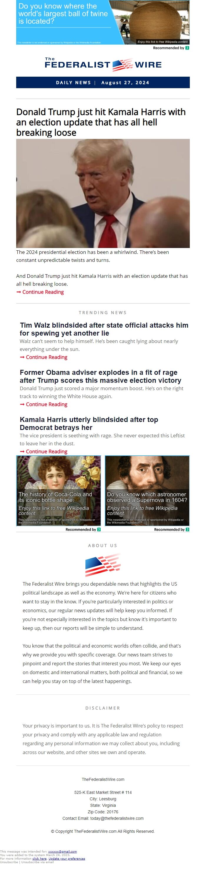 Screenshot of the email generated on import