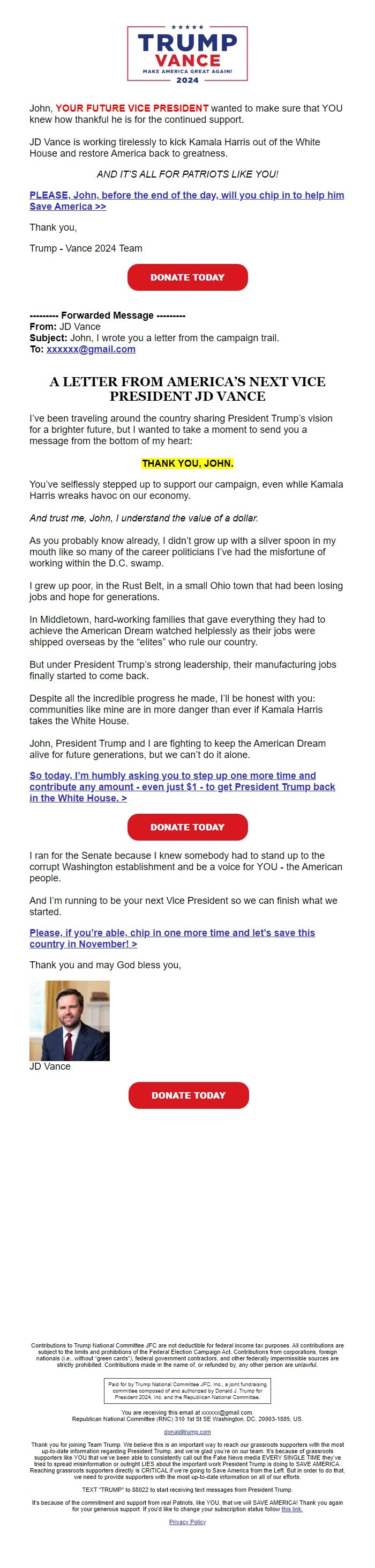 Screenshot of the email generated on import