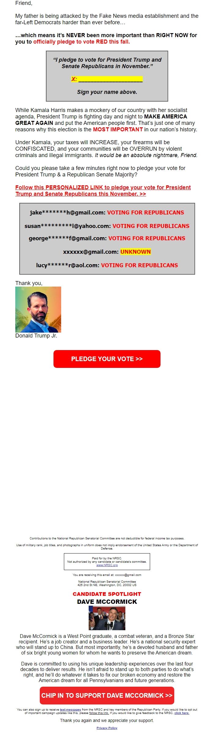 Screenshot of the email generated on import