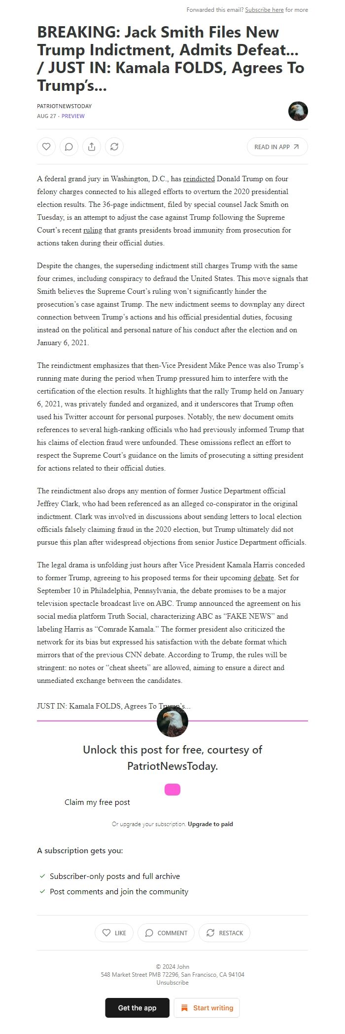 Screenshot of the email generated on import