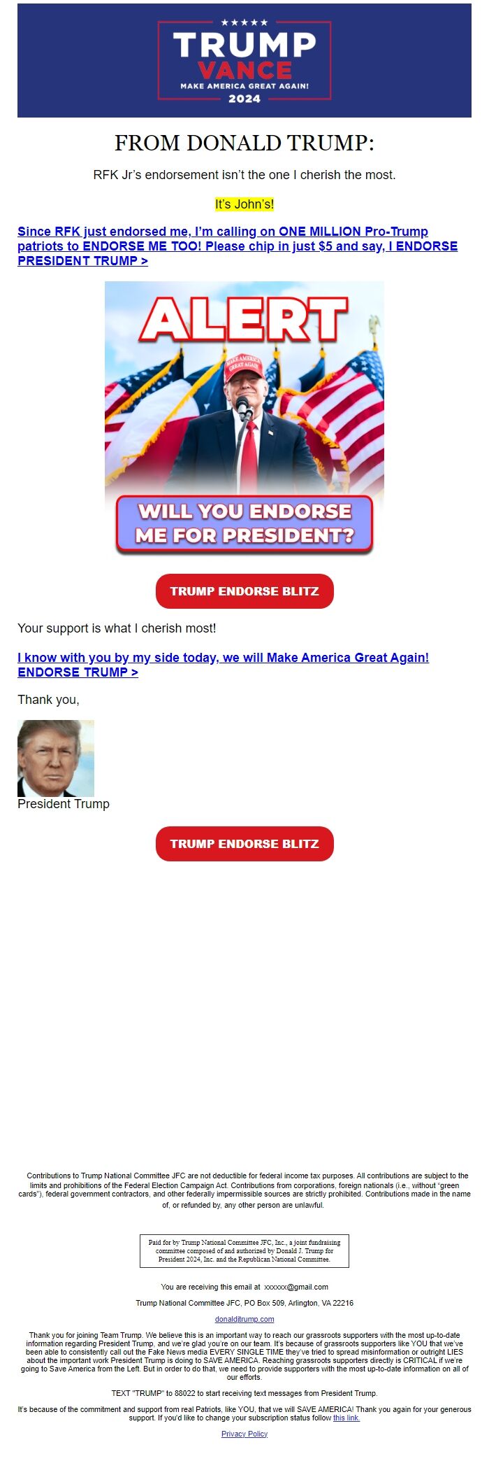 Screenshot of the email generated on import