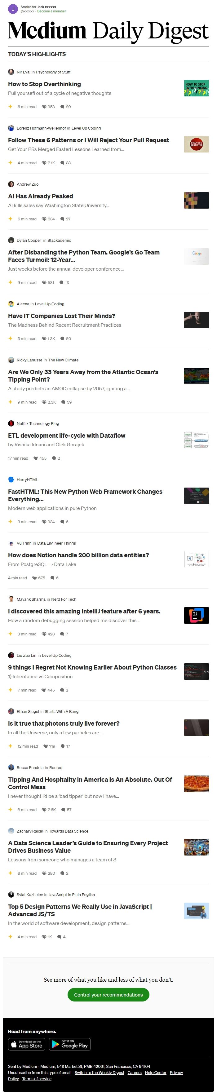 Screenshot of the email generated on import