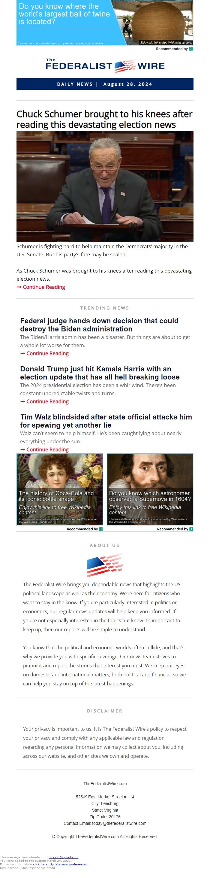 Screenshot of the email generated on import