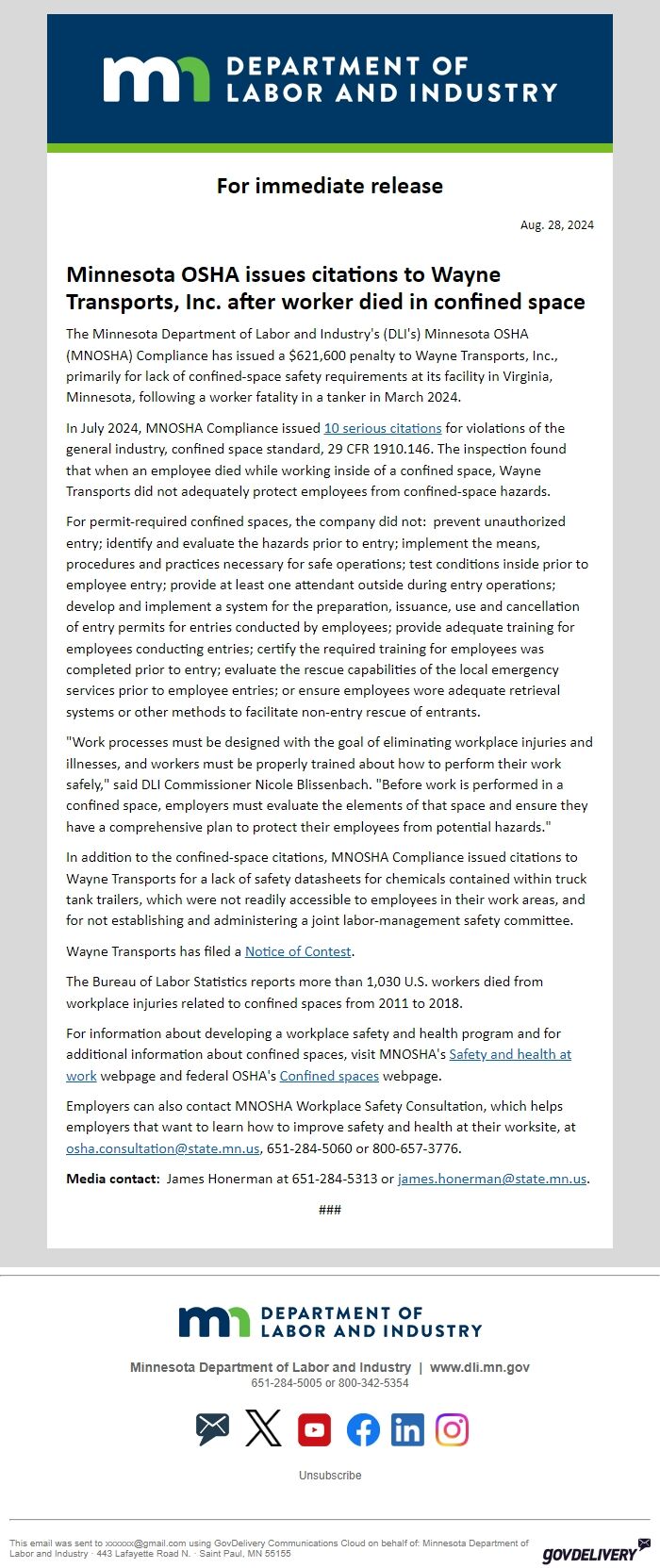 Screenshot of the email generated on import