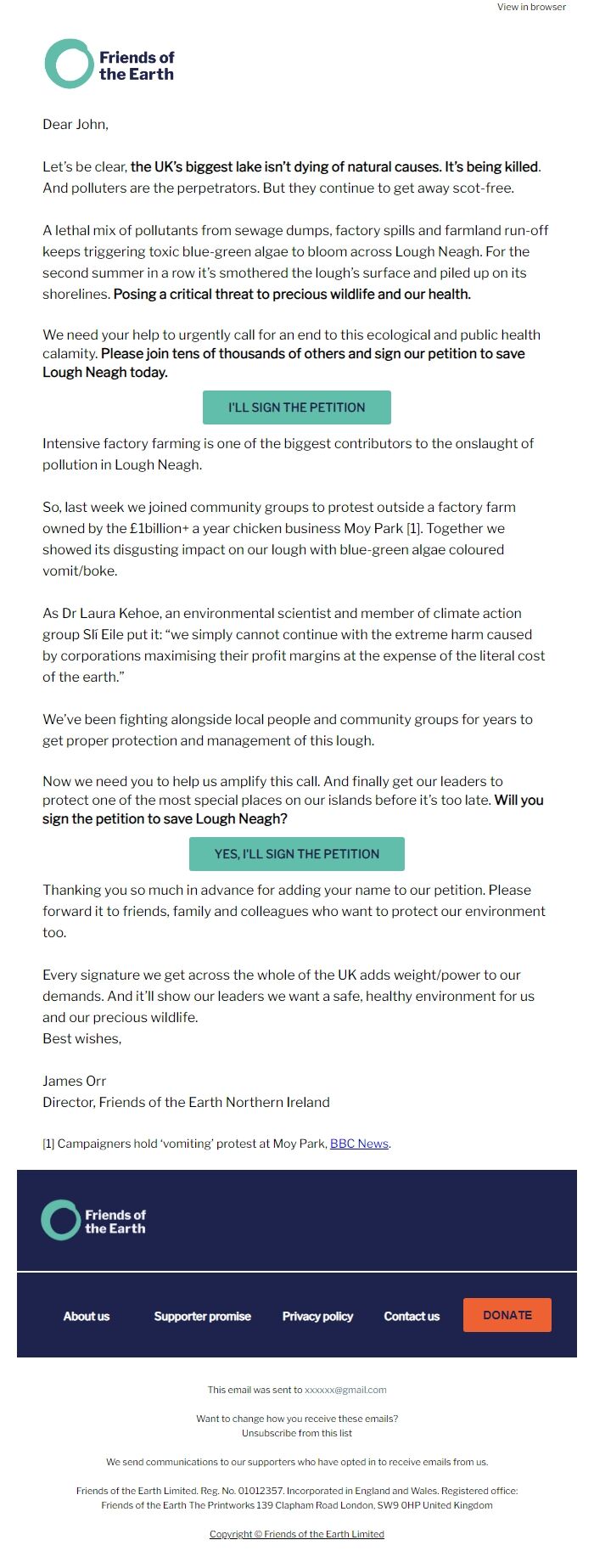 Screenshot of the email generated on import