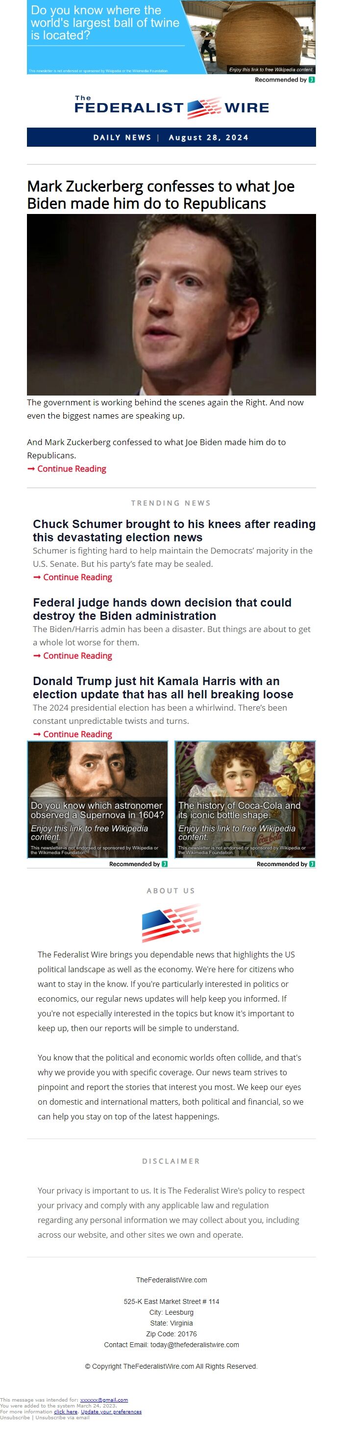 Screenshot of the email generated on import