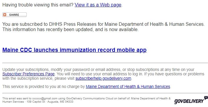 Screenshot of the email generated on import