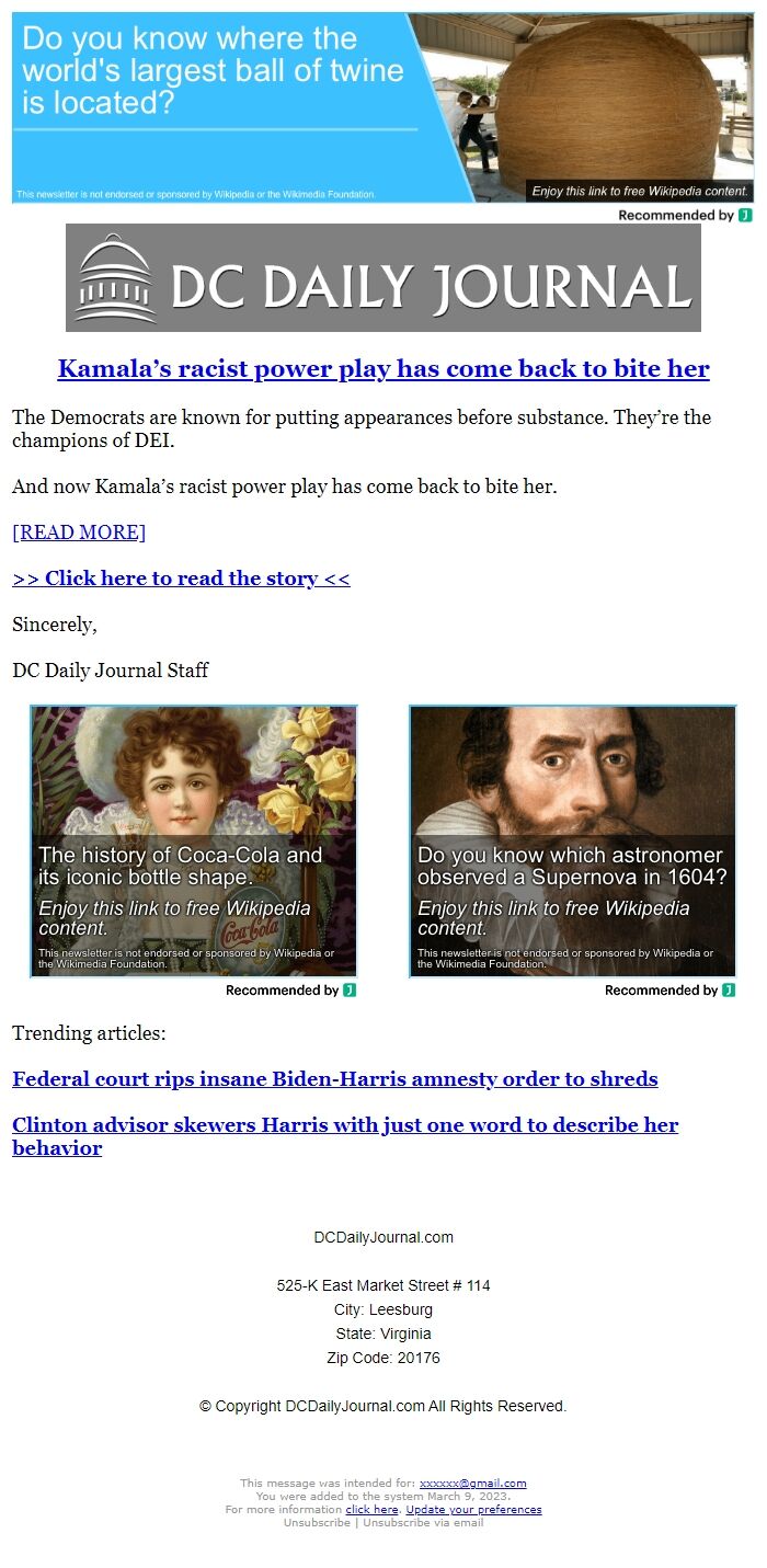 Screenshot of the email generated on import