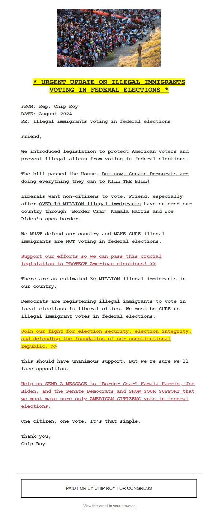 Screenshot of the email generated on import