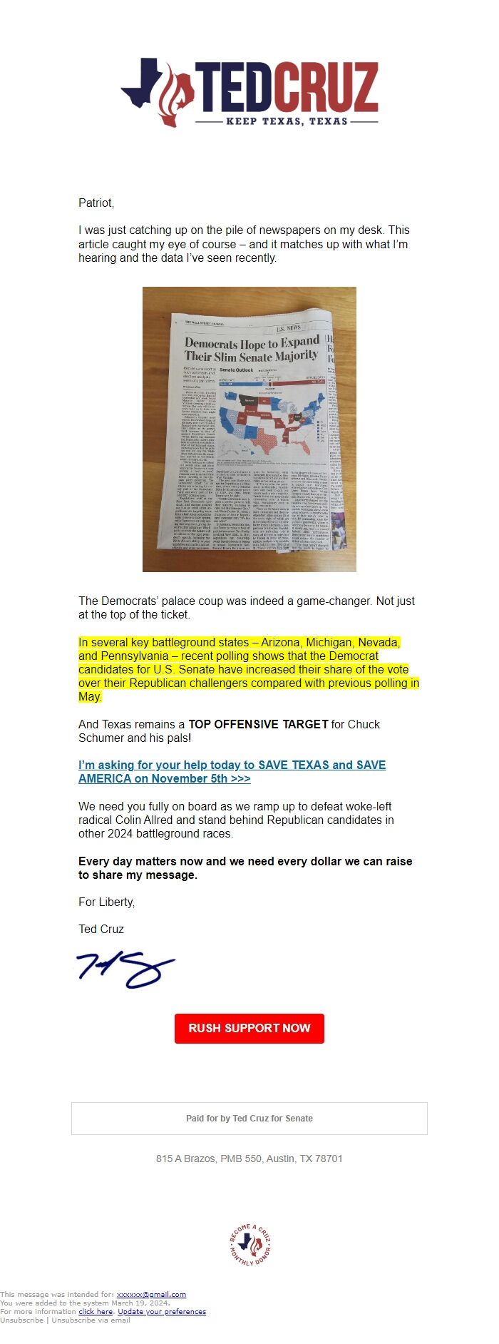 Screenshot of the email generated on import