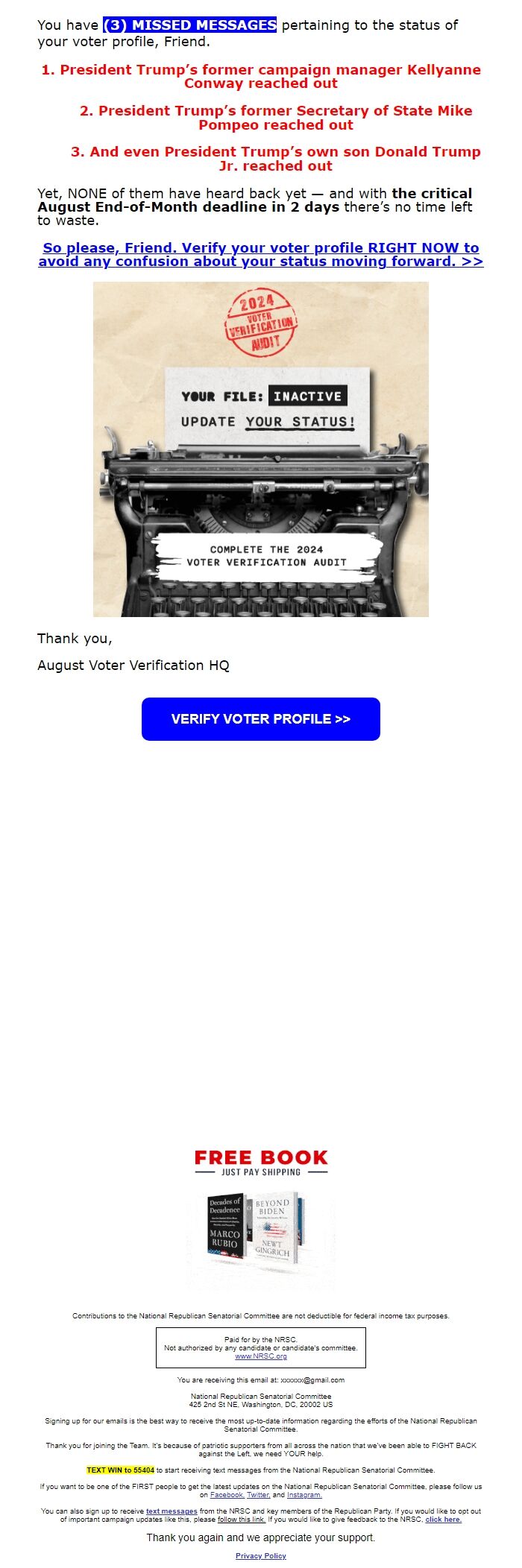 Screenshot of the email generated on import