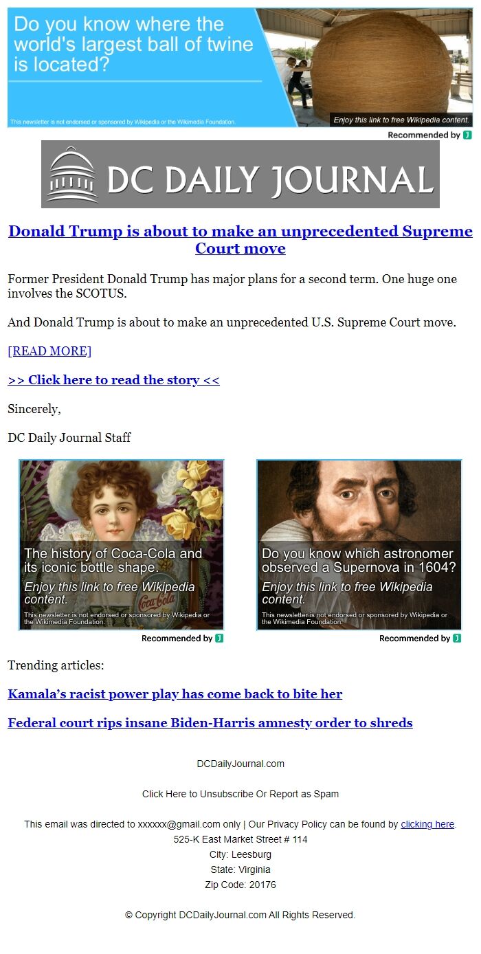 Screenshot of the email generated on import