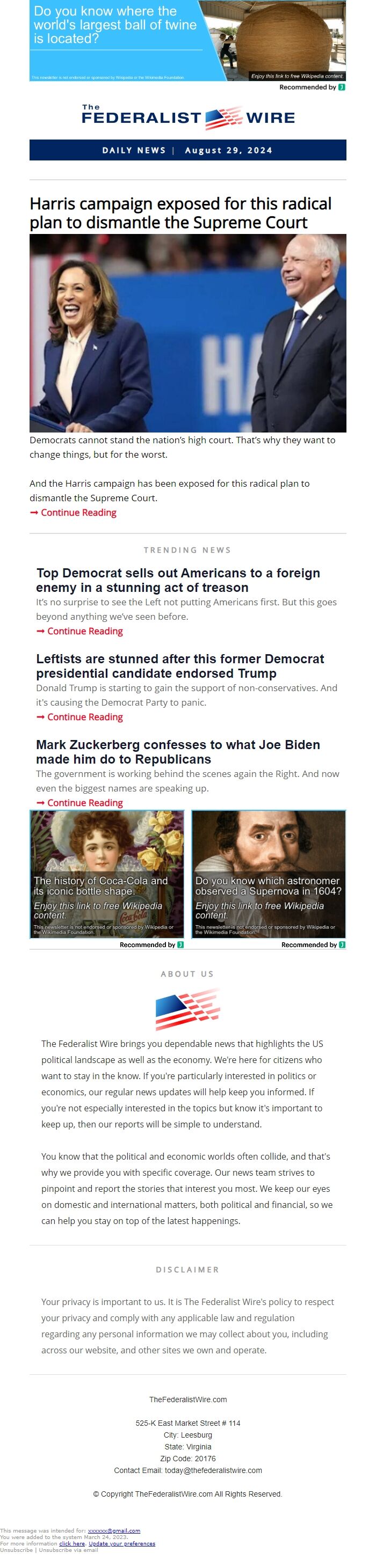 Screenshot of the email generated on import