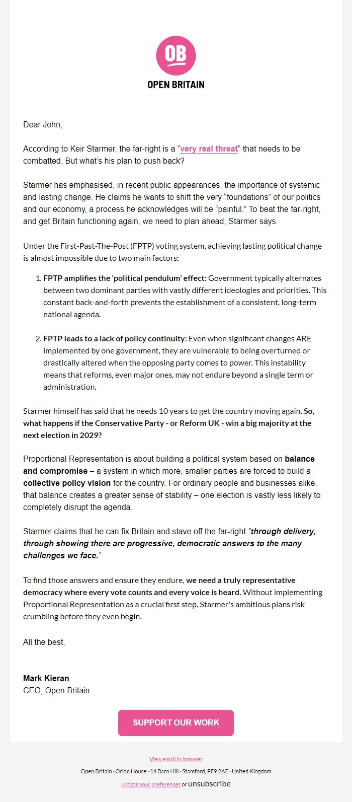 Screenshot of the email generated on import