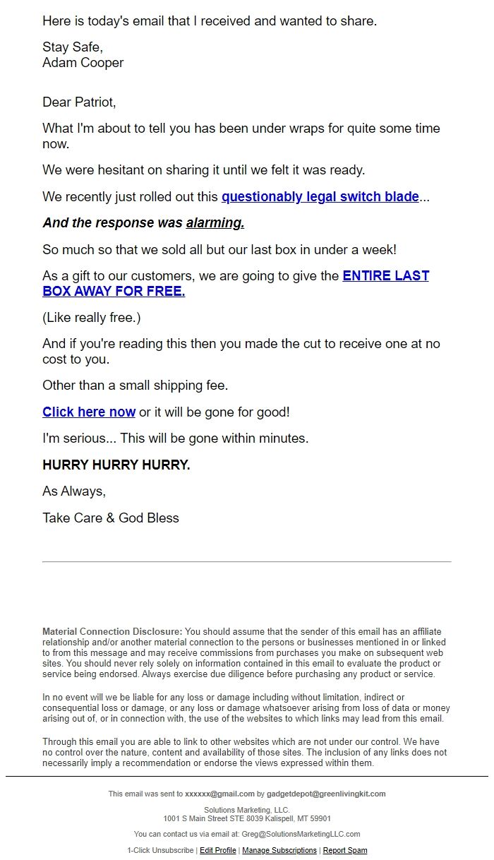 Screenshot of the email generated on import