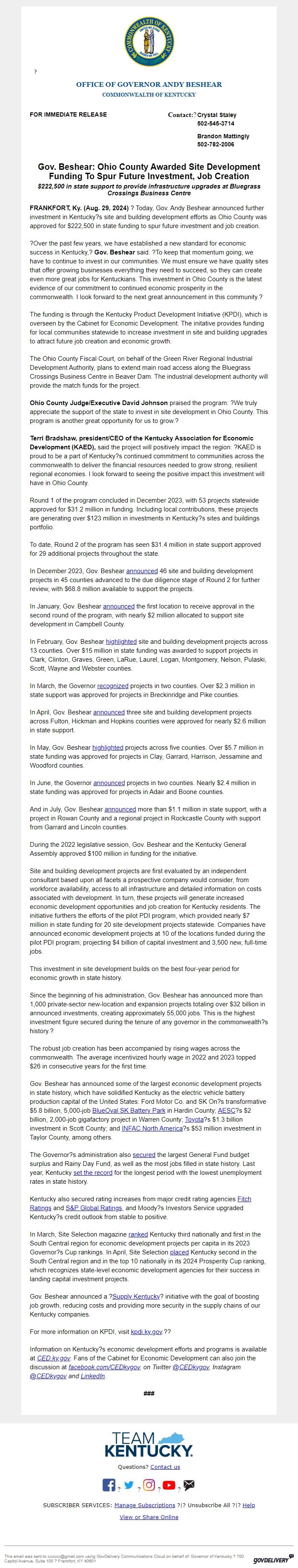 Screenshot of the email generated on import