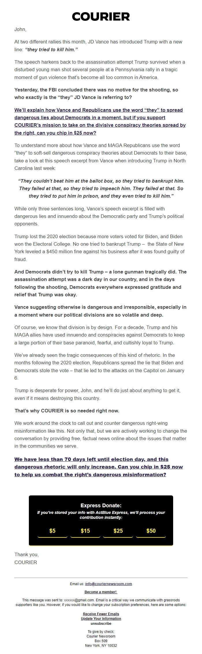 Screenshot of the email generated on import