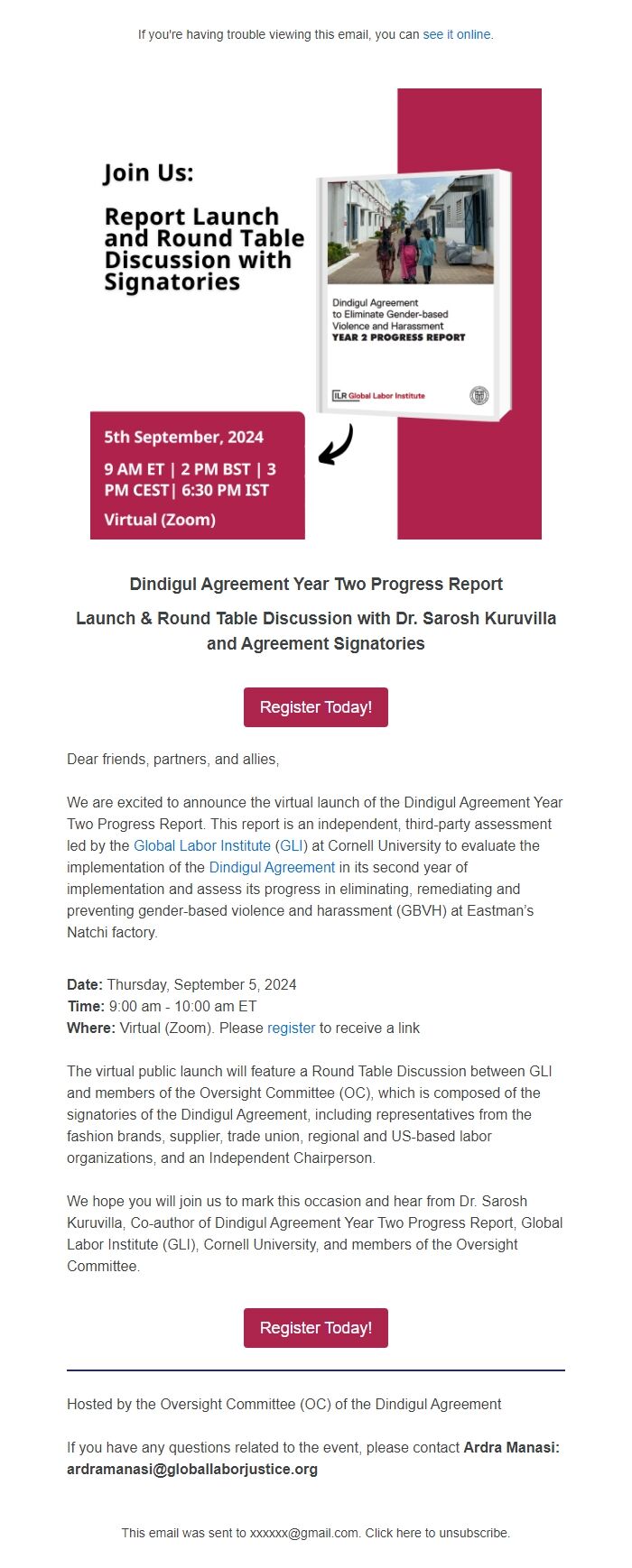 Screenshot of the email generated on import