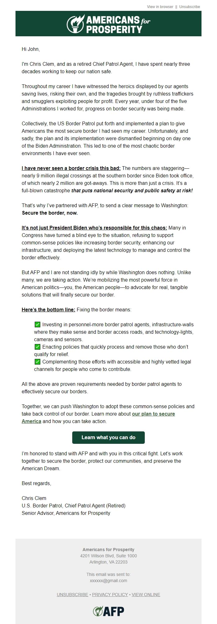 Screenshot of the email generated on import