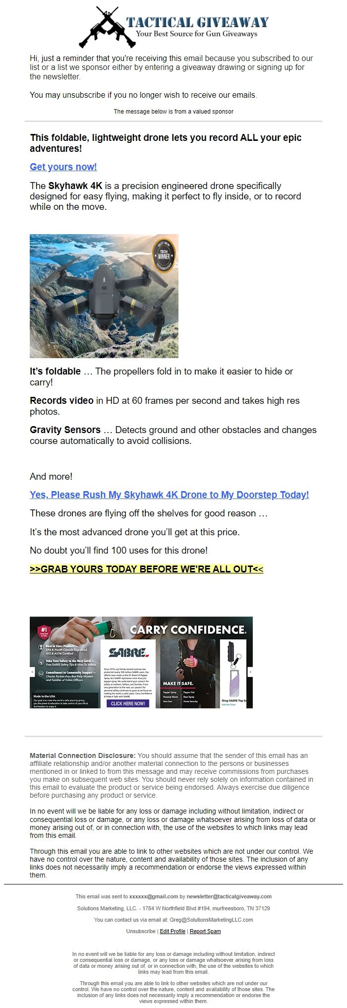 Screenshot of the email generated on import