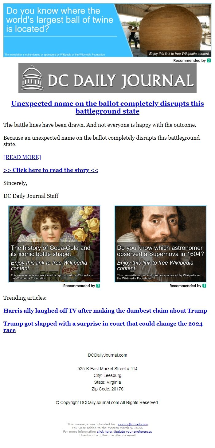 Screenshot of the email generated on import